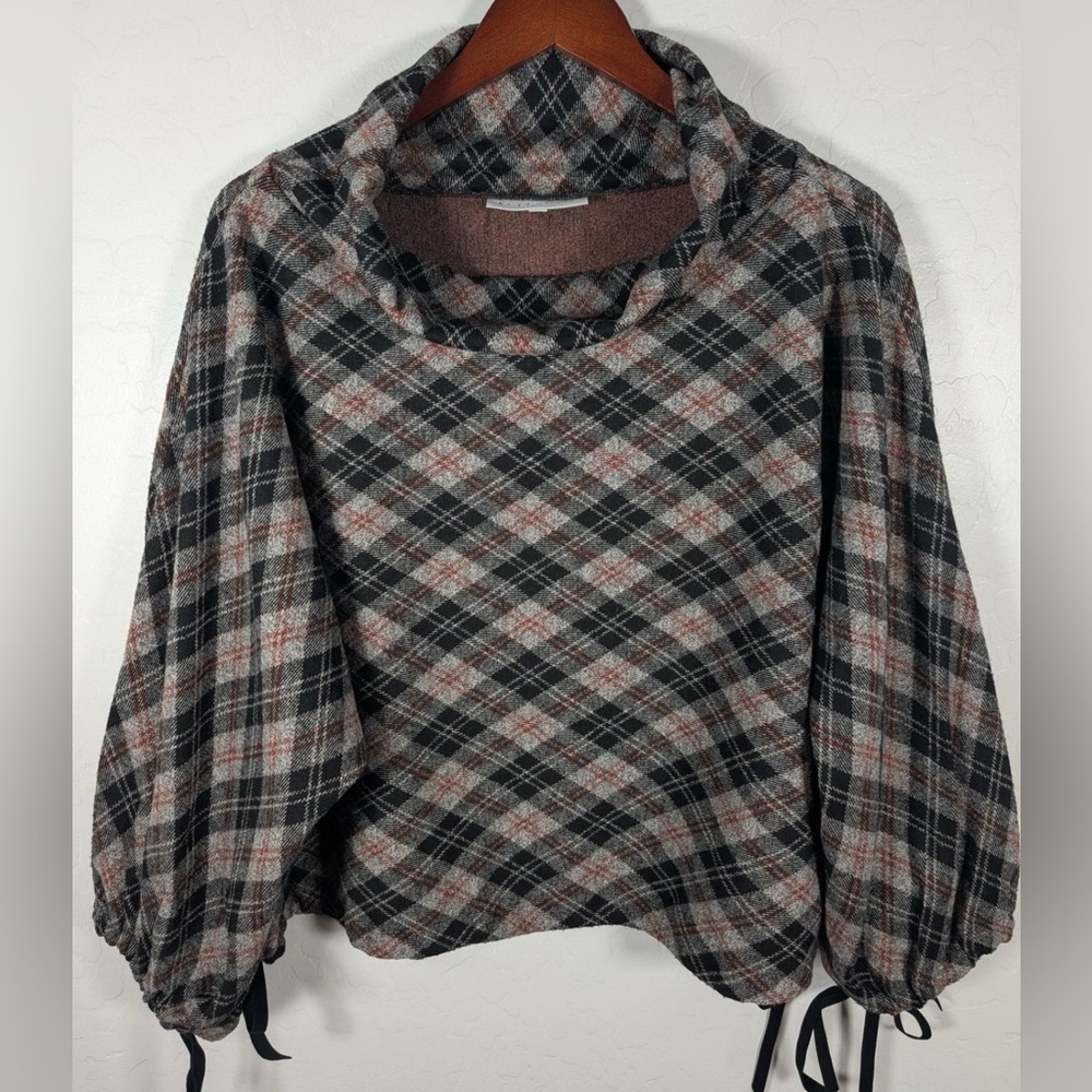 Bryn Walker Pullover Womens Medium Plaid Drawstring Sleeve Cowl Neck Made in USA